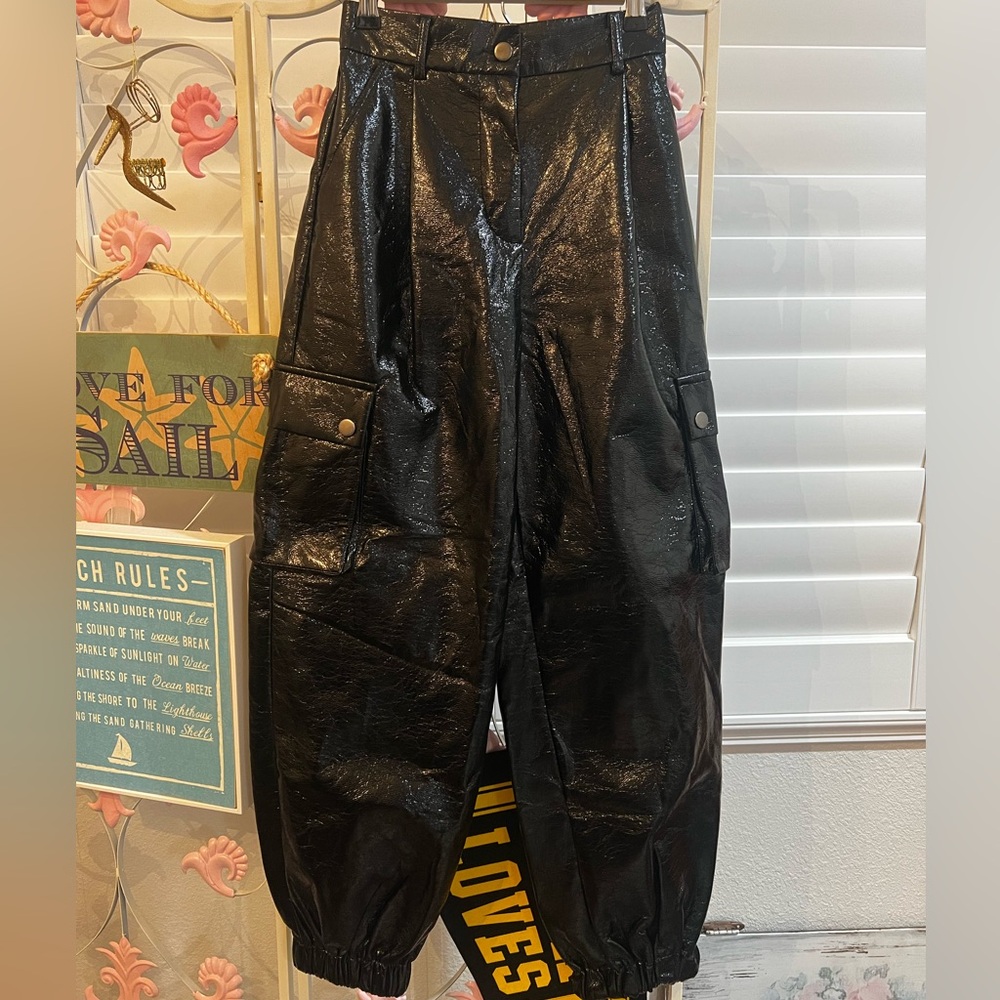 Princess Polly Black Shiny Cargo Pants